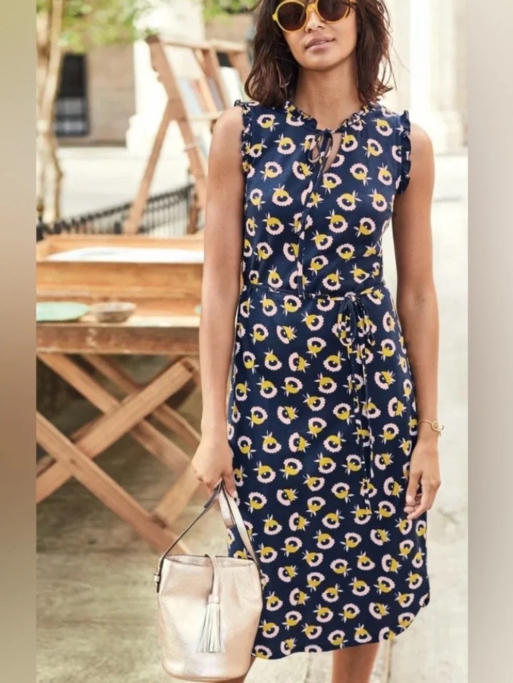 Boden Lois Jersey Midi Dress Navy Floral Sleeveless Tie Waist Ruffle Preppy 6R